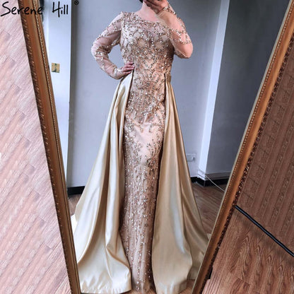 Grau Langarm Sexy Luxus Abendkleid 2025 Meerjungfrau Pailletten Perlen Oansatz Abendkleid Real Photo LA70174