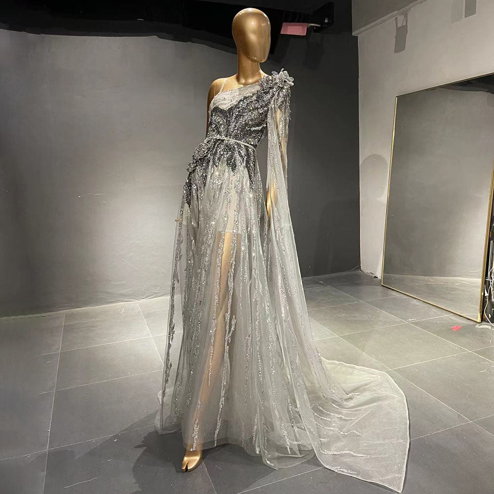 Vestidos de noche grises de lujo con cuentas, corte A, con un solo hombro y mangas estilo capa para mujer, para fiesta, LA71626 