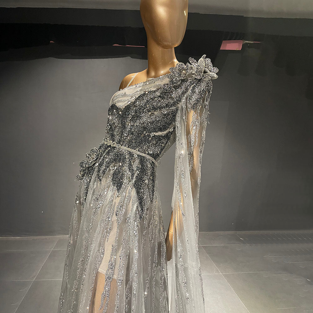 Vestidos de noche grises de lujo con cuentas, corte A, con un solo hombro y mangas estilo capa para mujer, para fiesta, LA71626 