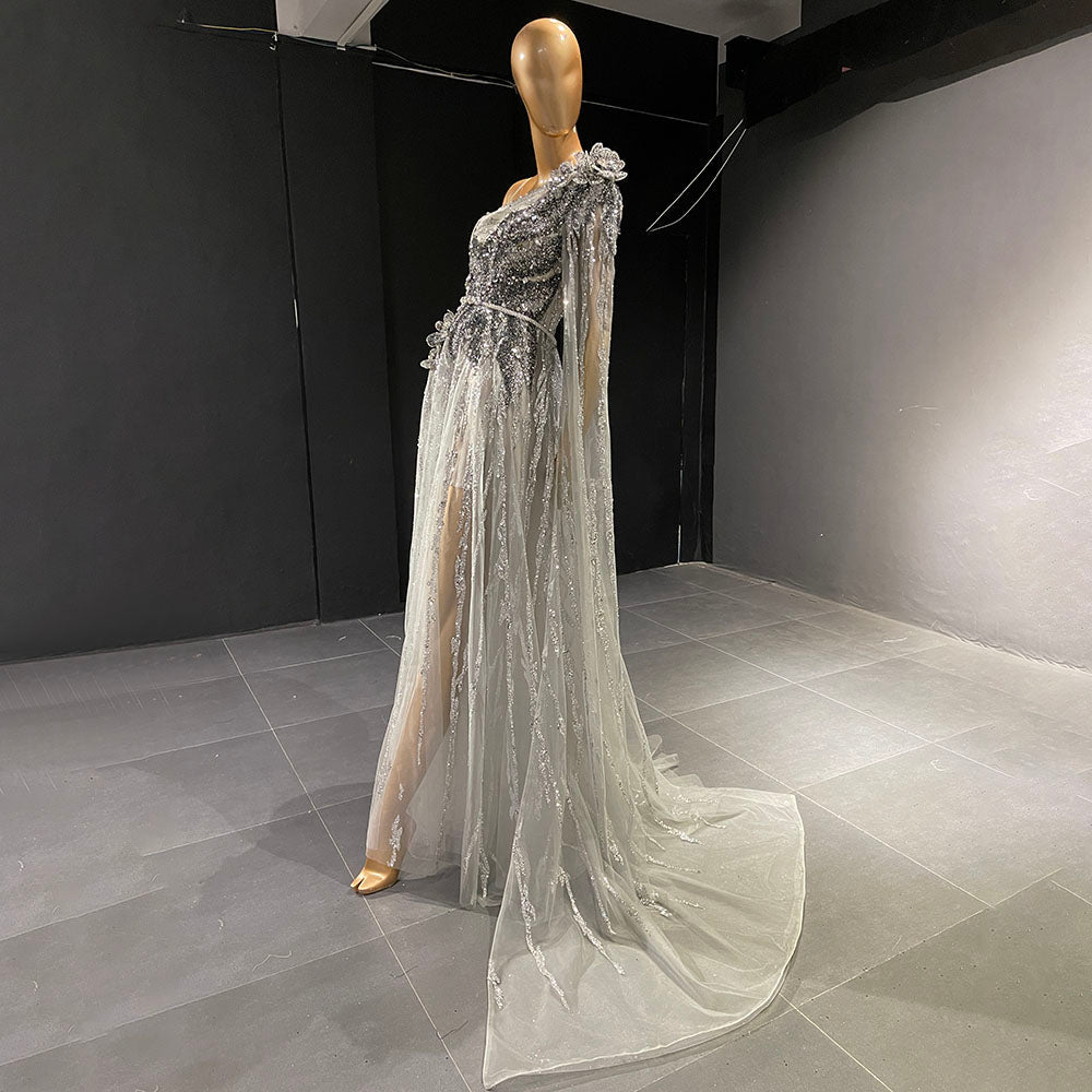 Vestidos de noche grises de lujo con cuentas, corte A, con un solo hombro y mangas estilo capa para mujer, para fiesta, LA71626 