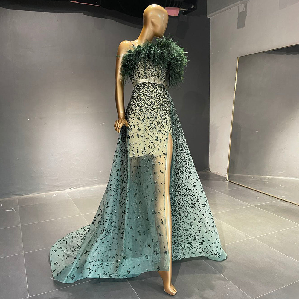 Vestidos de noche grises de lujo con cuentas, corte A, con un solo hombro y mangas estilo capa para mujer, para fiesta, LA71626 