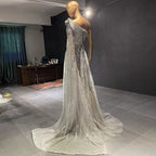 Vestidos de noche grises de lujo con cuentas, corte A, con un solo hombro y mangas estilo capa para mujer, para fiesta, LA71626 