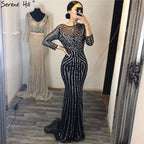 Grau Luxus Lange Ärmel Sparkly Abendkleider Meerjungfrau Sexy Diamant Perlen Formale Kleid 2025 Real Photo LA6591 