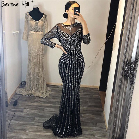 Grau Luxus Lange Ärmel Sparkly Abendkleider Meerjungfrau Sexy Diamant Perlen Formale Kleid 2025 Real Photo LA6591 