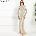 Grau Luxus Lange Ärmel Sparkly Abendkleider Meerjungfrau Sexy Diamant Perlen Formale Kleid 2025 Real Photo LA6591 
