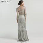 Grau Luxus Lange Ärmel Sparkly Abendkleider Meerjungfrau Sexy Diamant Perlen Formale Kleid 2025 Real Photo LA6591 