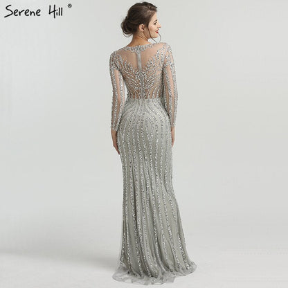 Grau Luxus Lange Ärmel Sparkly Abendkleider Meerjungfrau Sexy Diamant Perlen Formale Kleid 2025 Real Photo LA6591 