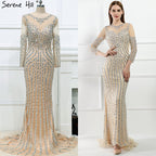 Grau Luxus Lange Ärmel Sparkly Abendkleider Meerjungfrau Sexy Diamant Perlen Formale Kleid 2025 Real Photo LA6591 