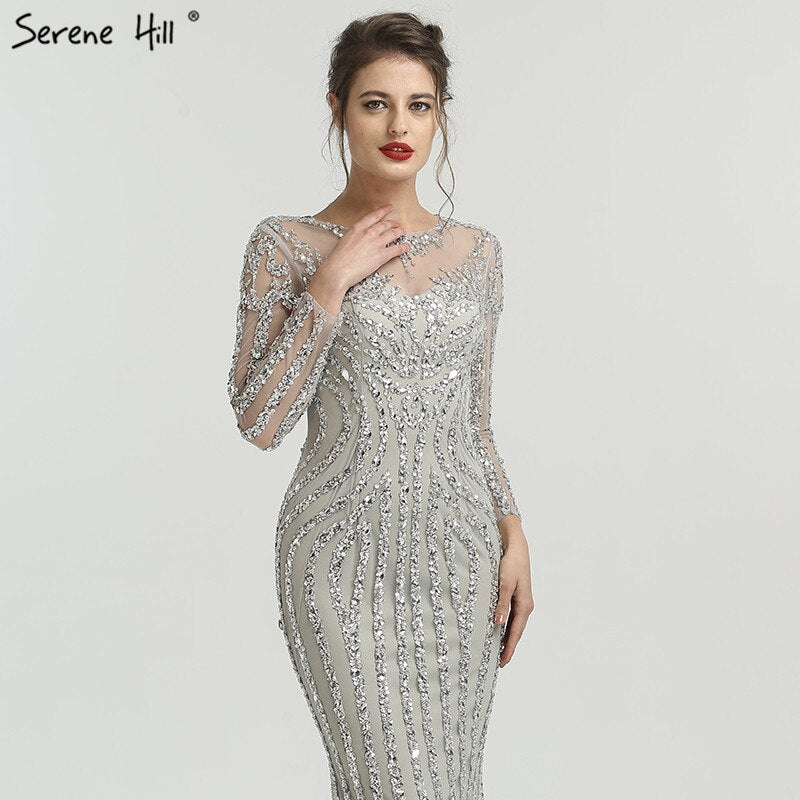 Grau Luxus Lange Ärmel Sparkly Abendkleider Meerjungfrau Sexy Diamant Perlen Formale Kleid 2025 Real Photo LA6591 