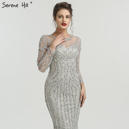 Grau Luxus Lange Ärmel Sparkly Abendkleider Meerjungfrau Sexy Diamant Perlen Formale Kleid 2025 Real Photo LA6591 