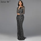 Grau Luxus Lange Ärmel Sparkly Abendkleider Meerjungfrau Sexy Diamant Perlen Formale Kleid 2025 Real Photo LA6591 