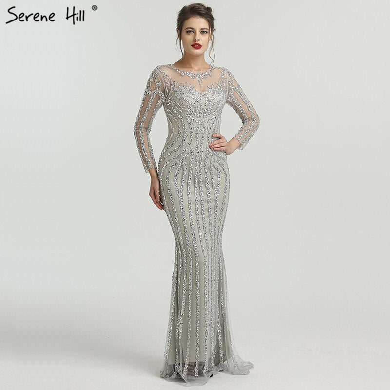 Grau Luxus Lange Ärmel Sparkly Abendkleider Meerjungfrau Sexy Diamant Perlen Formale Kleid 2025 Real Photo LA6591 