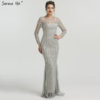 Grau Luxus Lange Ärmel Sparkly Abendkleider Meerjungfrau Sexy Diamant Perlen Formale Kleid 2025 Real Photo LA6591 