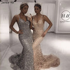 Grau Luxus Sexy Meerjungfrau Abendkleider 2025 Diamant Perlen Off Schulter Formale Kleid Real Photo LA60729