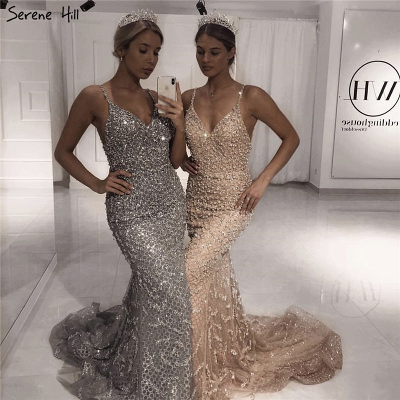 Grau Luxus Sexy Meerjungfrau Abendkleider 2025 Diamant Perlen Off Schulter Formale Kleid Real Photo LA60729
