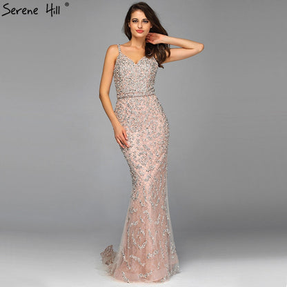 Grau Luxus Sexy Meerjungfrau Abendkleider 2025 Diamant Perlen Off Schulter Formale Kleid Real Photo LA60729