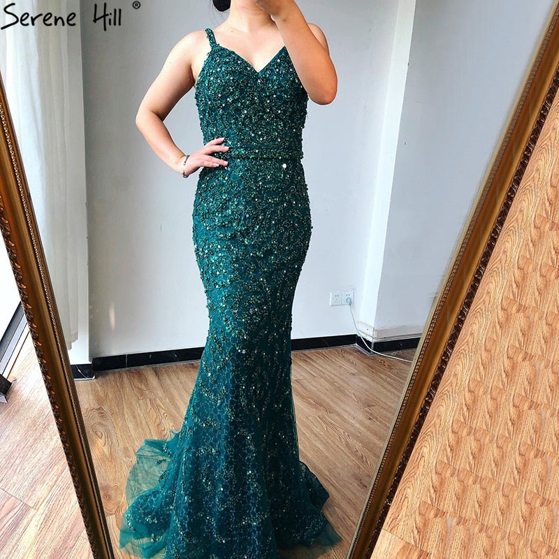 Grau Luxus Sexy Meerjungfrau Abendkleider 2025 Diamant Perlen Off Schulter Formale Kleid Real Photo LA60729