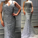 Grau Luxus Sexy Meerjungfrau Abendkleider 2025 Diamant Perlen Off Schulter Formale Kleid Real Photo LA60729