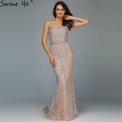 Grau Luxus Sexy Meerjungfrau Abendkleider 2025 Diamant Perlen Off Schulter Formale Kleid Real Photo LA60729
