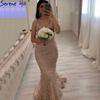 Grau Luxus Sexy Meerjungfrau Abendkleider 2025 Diamant Perlen Off Schulter Formale Kleid Real Photo LA60729