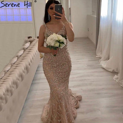 Grau Luxus Sexy Meerjungfrau Abendkleider 2025 Diamant Perlen Off Schulter Formale Kleid Real Photo LA60729