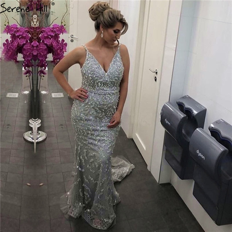 Grau Luxus Sexy Meerjungfrau Abendkleider 2025 Diamant Perlen Off Schulter Formale Kleid Real Photo LA60729