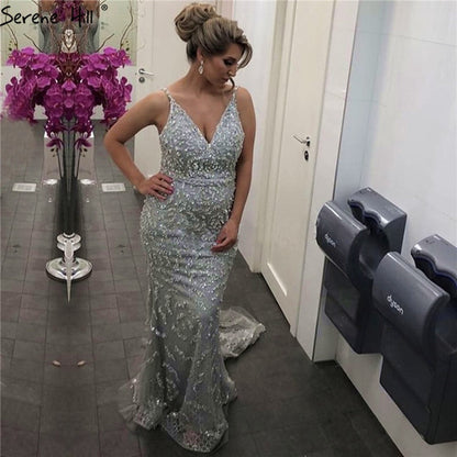 Grau Luxus Sexy Meerjungfrau Abendkleider 2025 Diamant Perlen Off Schulter Formale Kleid Real Photo LA60729