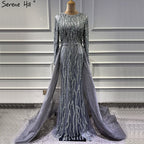 Vestidos de noche de lujo de diseñador de Dubái, con escote sirena gris, lentejuelas y cuentas, mangas largas, 2025 LA6302 