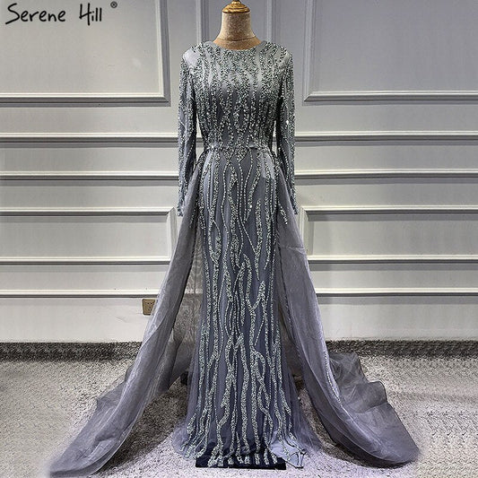 Grau Meerjungfrau Luxus Dubai Designer Abendkleider Perlen Pailletten Mode Lange Ärmel Abendkleider 2025 LA6302 