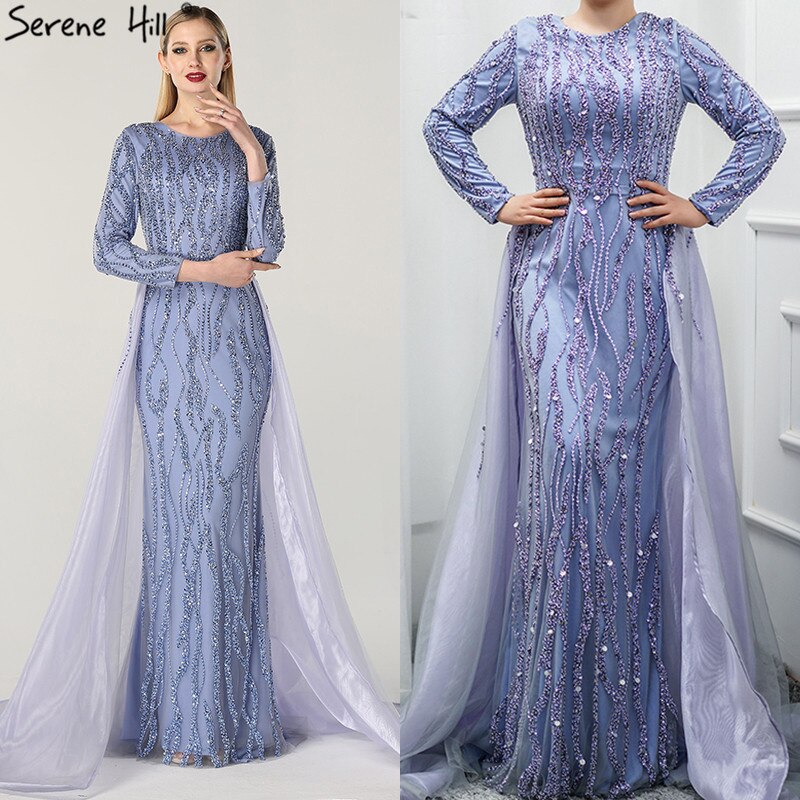 Vestidos de noche de lujo de diseñador de Dubái, con escote sirena gris, lentejuelas y cuentas, mangas largas, 2025 LA6302 