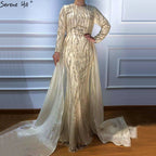 Vestidos de noche de lujo de diseñador de Dubái, con escote sirena gris, lentejuelas y cuentas, mangas largas, 2025 LA6302 