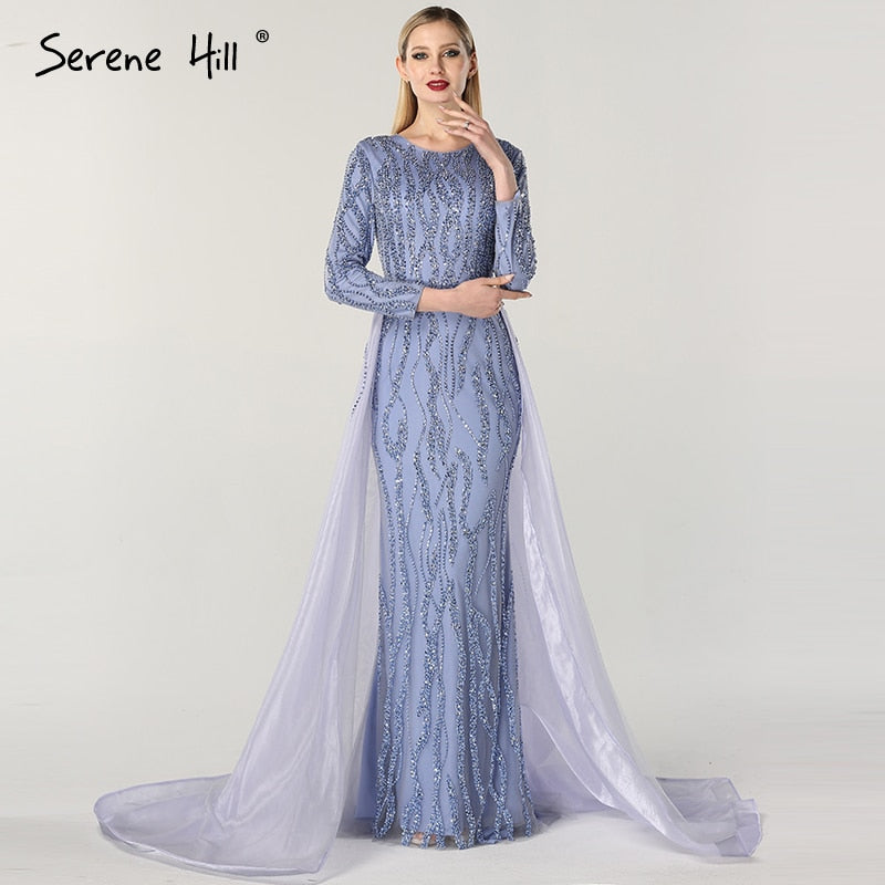 Vestidos de noche de lujo de diseñador de Dubái, con escote sirena gris, lentejuelas y cuentas, mangas largas, 2025 LA6302 