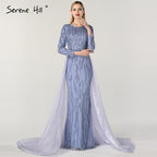 Vestidos de noche de lujo de diseñador de Dubái, con escote sirena gris, lentejuelas y cuentas, mangas largas, 2025 LA6302 