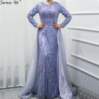Vestidos de noche de lujo de diseñador de Dubái, con escote sirena gris, lentejuelas y cuentas, mangas largas, 2025 LA6302 