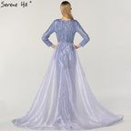 Vestidos de noche de lujo de diseñador de Dubái, con escote sirena gris, lentejuelas y cuentas, mangas largas, 2025 LA6302 