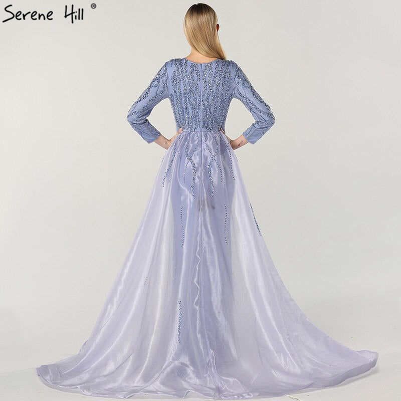 Vestidos de noche de lujo de diseñador de Dubái, con escote sirena gris, lentejuelas y cuentas, mangas largas, 2025 LA6302 