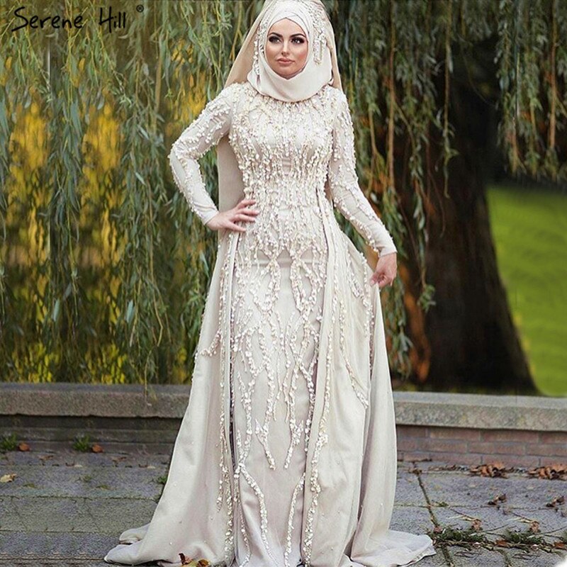 Vestidos de noche de lujo de diseñador de Dubái, con escote sirena gris, lentejuelas y cuentas, mangas largas, 2025 LA6302 