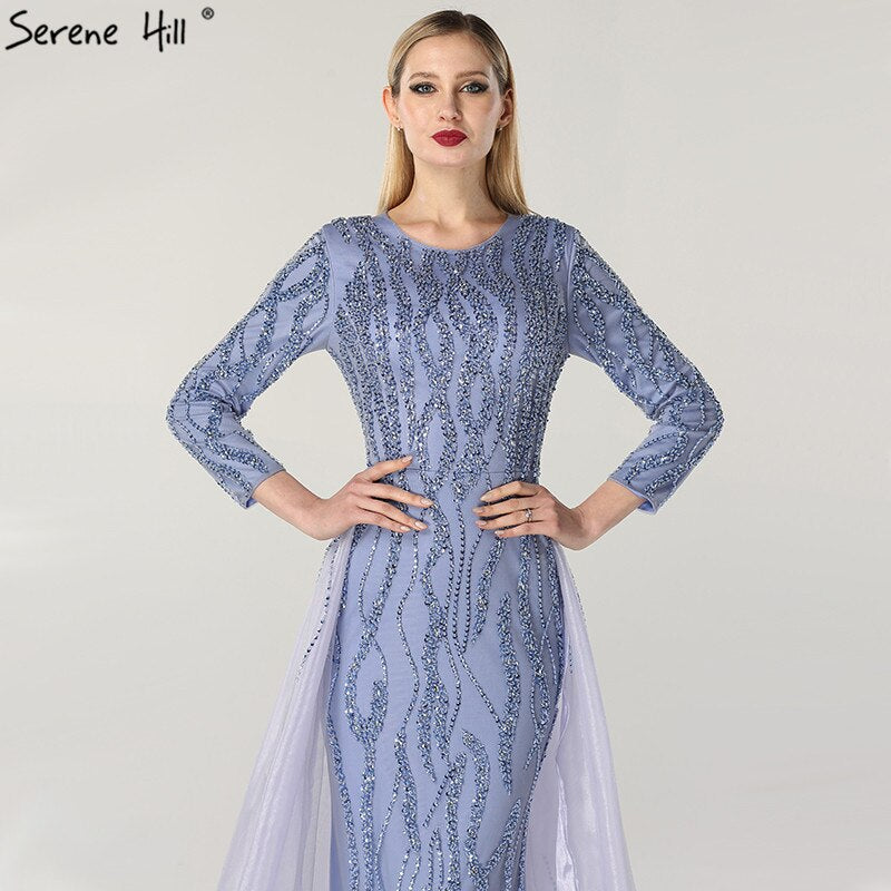 Vestidos de noche de lujo de diseñador de Dubái, con escote sirena gris, lentejuelas y cuentas, mangas largas, 2025 LA6302 