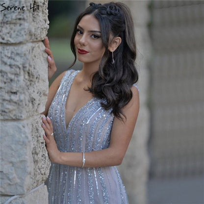 Sale Grey Sequins Beading V-Neck Sexy Evening Dresses 2025 Dubai Sleeveless A-Line Formal Dress LA70340