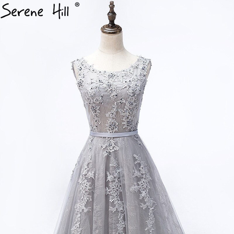 On Sale no return no refundSale Grey Sexy Backless Tulle A-Line Evening Gowns Beading Appliques Sleeveless Formal Party Dress 2025 HA2152