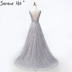 On Sale no return no refundSale Grey Sexy Backless Tulle A-Line Evening Gowns Beading Appliques Sleeveless Formal Party Dress 2025 HA2152