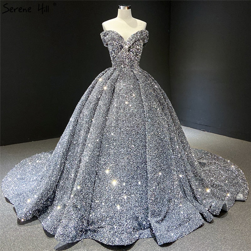Vestidos de novia de lujo con lentejuelas grises y plateadas, estilo Dubái, sin mangas, sexys, HM66742, hechos a medida, 2025 