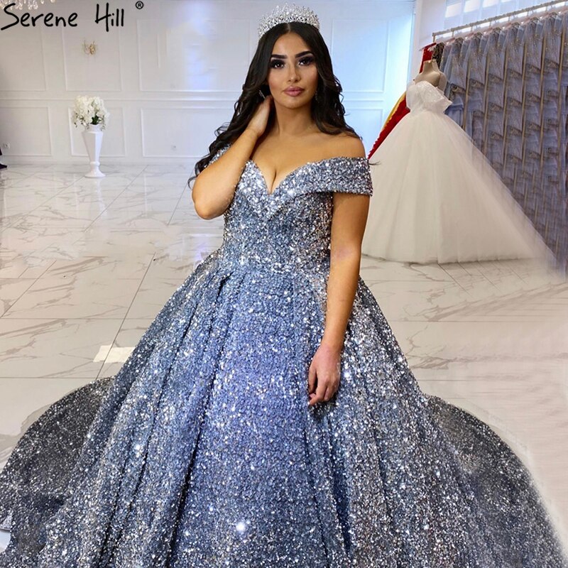 Vestidos de novia de lujo con lentejuelas grises y plateadas, estilo Dubái, sin mangas, sexys, HM66742, hechos a medida, 2025 