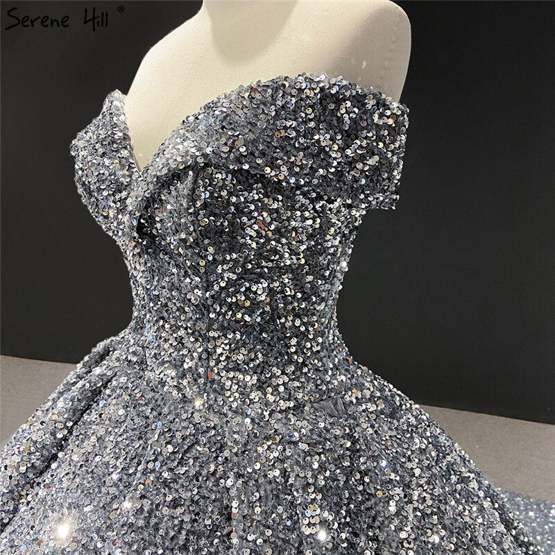 Vestidos de novia de lujo con lentejuelas grises y plateadas, estilo Dubái, sin mangas, sexys, HM66742, hechos a medida, 2025 