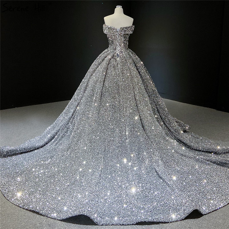 Vestidos de novia de lujo con lentejuelas grises y plateadas, estilo Dubái, sin mangas, sexys, HM66742, hechos a medida, 2025 