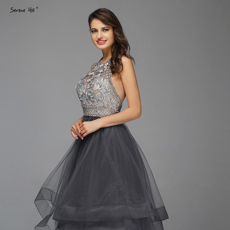 Verkauf Grau Ärmellose Sexy A-linie Abendkleider Design 2025 Backless Perlen Kristall Abendkleider Real Photo LA70144 