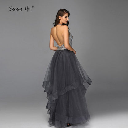 Sale Grey Sleeveless Sexy A-Line Evening Dresses Design 2025 Backless Beading Crystal Evening Gowns Real Photo LA70144
