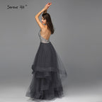 Verkauf Grau Ärmellose Sexy A-linie Abendkleider Design 2025 Backless Perlen Kristall Abendkleider Real Photo LA70144 