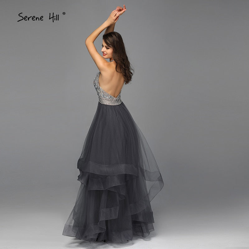 Verkauf Grau Ärmellose Sexy A-linie Abendkleider Design 2025 Backless Perlen Kristall Abendkleider Real Photo LA70144 