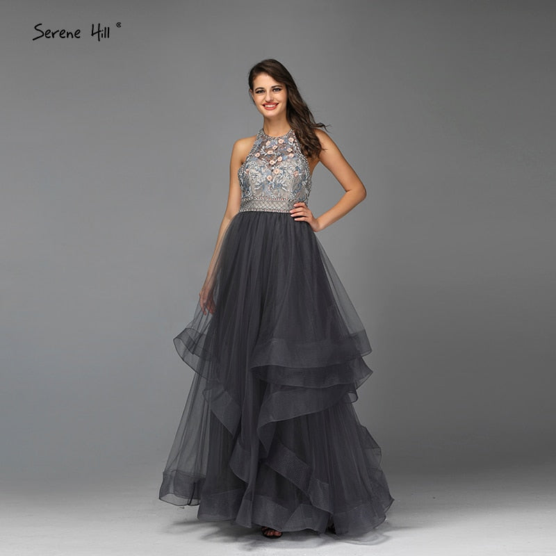 Verkauf Grau Ärmellose Sexy A-linie Abendkleider Design 2025 Backless Perlen Kristall Abendkleider Real Photo LA70144 